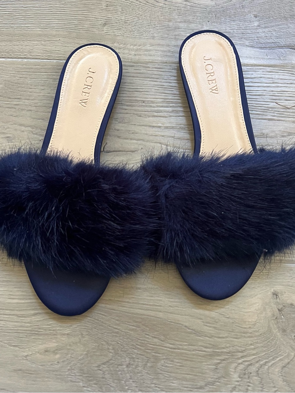 J. Crew Navy Faux Fur Slide Sandals